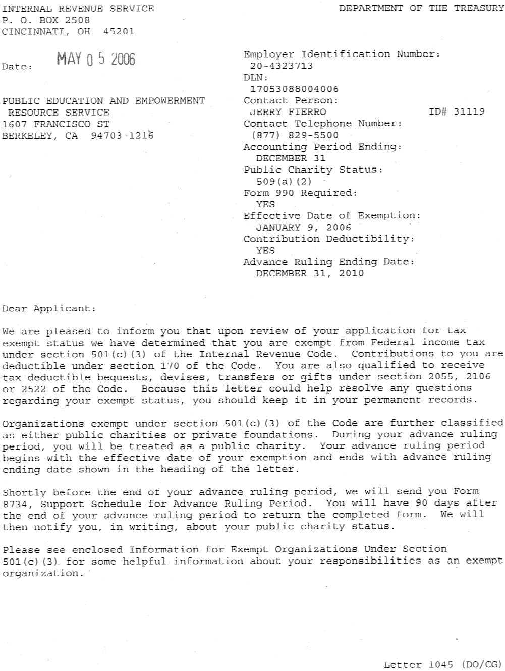 PEERS 501(c)(3) nonprofit documentation